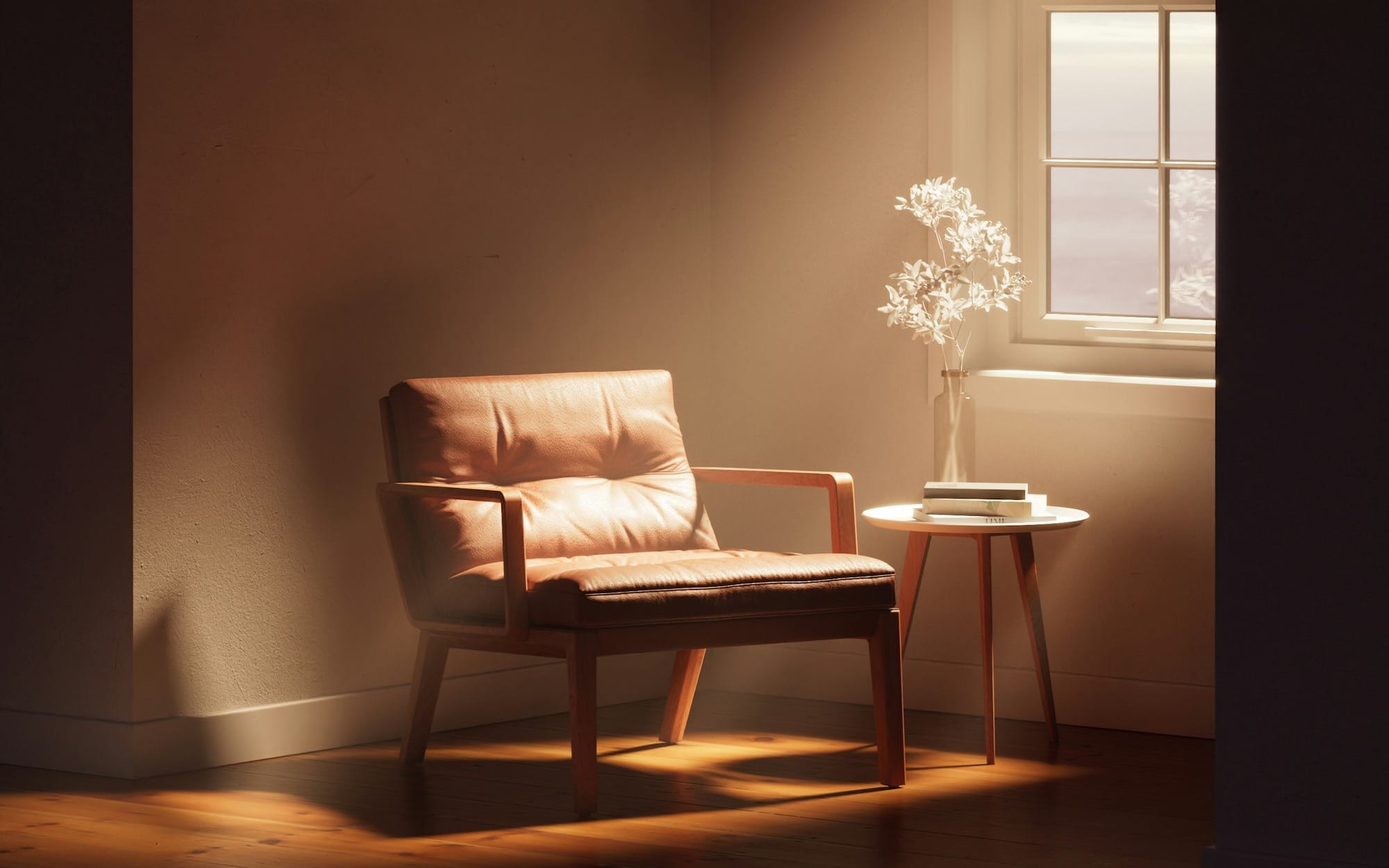 A chair and a table in a room