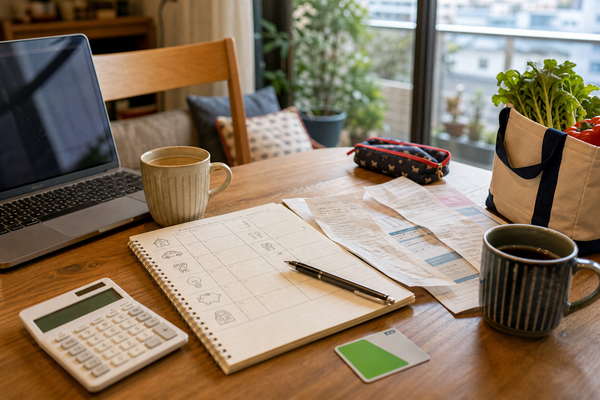 Warm household budgeting table with receipts, calculator, groceries, and family planning notes