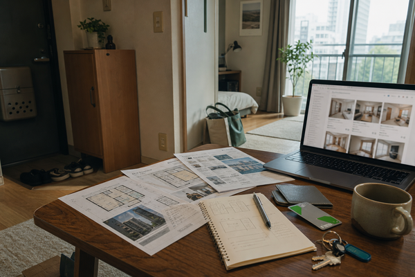 Warm Tokyo apartment desk with keys, floor plans, and rent research before signing a lease