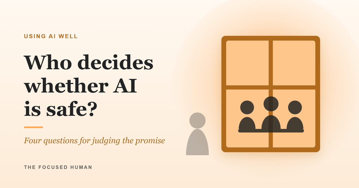A lit window at dusk showing three figures around a table inside and one person standing outside, with the words "Who decides whether AI is safe?"