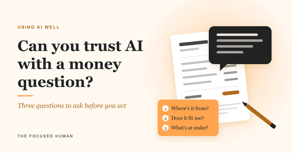 Illustration of a financial statement, an AI chat bubble and a pen beside a three-question checklist, with the words "Can you trust AI with a money question?"