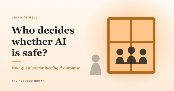 A lit window at dusk showing three figures around a table inside and one person standing outside, with the words "Who decides whether AI is safe?"