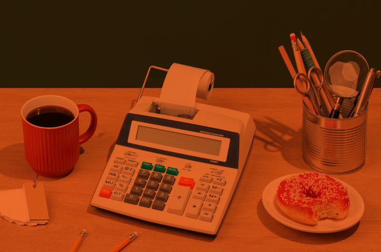 Office desk with coffee and donut retro. 
