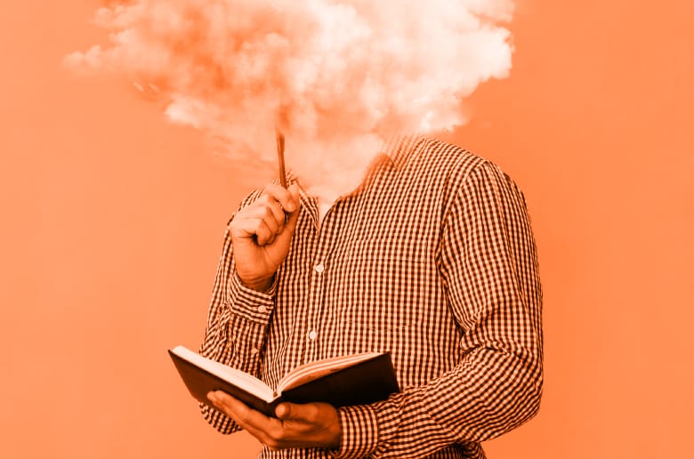 Guy thinking and his head becomes a cloud. 