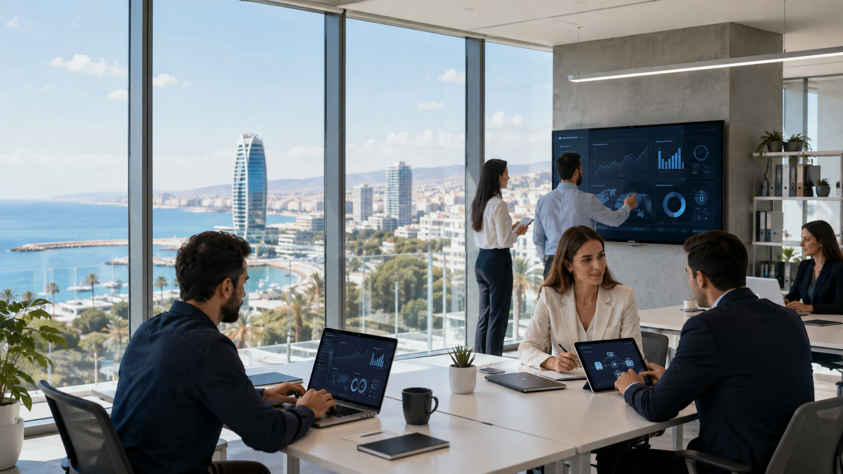Fintech professionals collaborating in a modern office in Cyprus, with digital dashboards on screens and a coastal city view in the background.