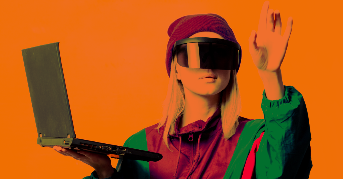 Woman with artificial intelligence glasses looking ahead.