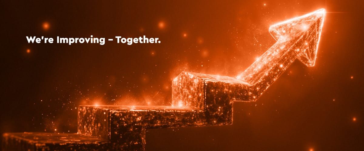 Banner of Ergodotisi with arrow pointing high and text "We're Improving together"