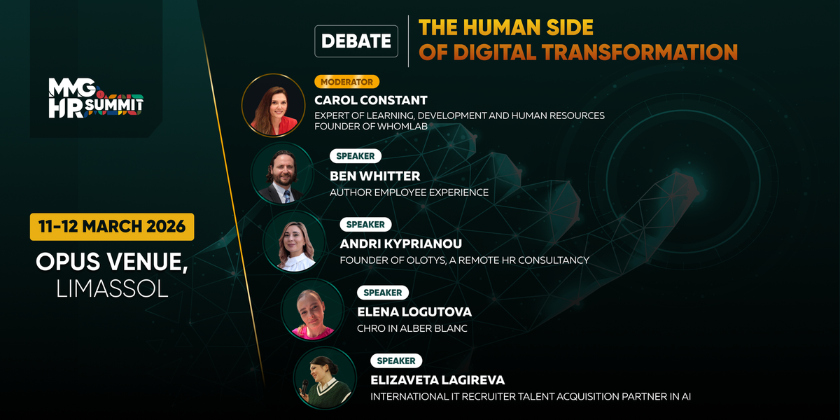 MMG HR Summit Mediterranean 2026 debate panel on the human side of digital transformation in Limassol featuring global HR experts.