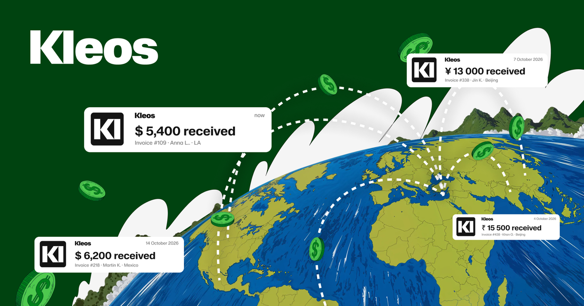Kleos illustration of international team payments, with payment notifications connected across a globe.