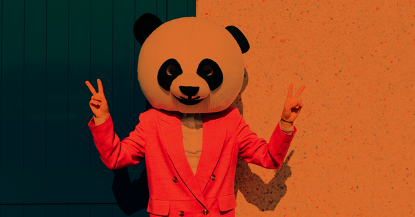 Person wearing a panda mask on their head.