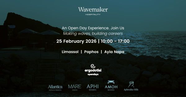 Promotional banner for the Wavemaker Hospitality Open Day Experience on 25 February 2026 in Limassol, Paphos, and Ayia Napa