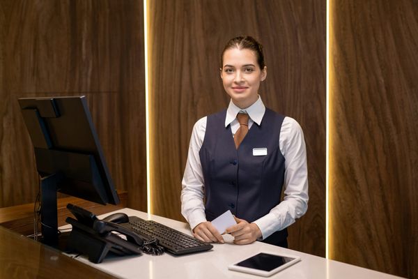 Hotel receptionist at front desk welcoming guests in the hospitality industry
