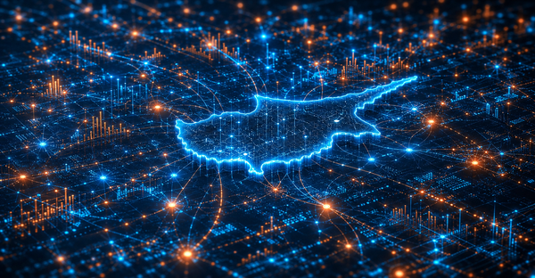 Glowing digital map of Cyprus connected by fintech data networks, illustrating the island’s rise as a regional financial technology hub.