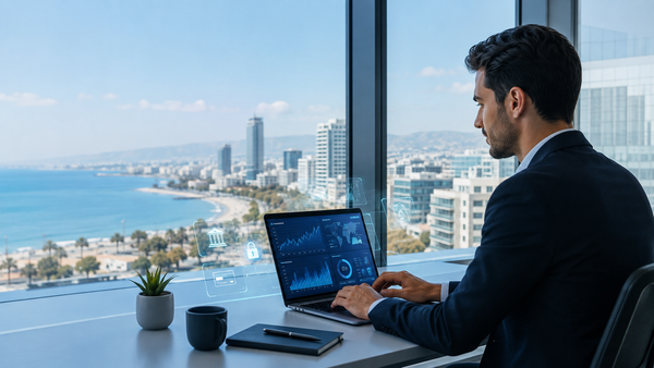 A modern fintech office or professional using a laptop with digital payment, finance or data visuals on screen.