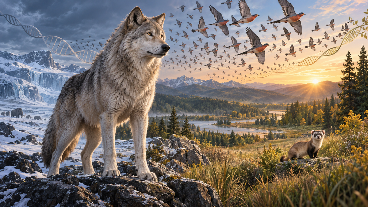 Editorial illustration of a wolf between an Ice Age landscape and a living forest at dawn, with passenger pigeons, a black-footed ferret and DNA strands connecting past and present.