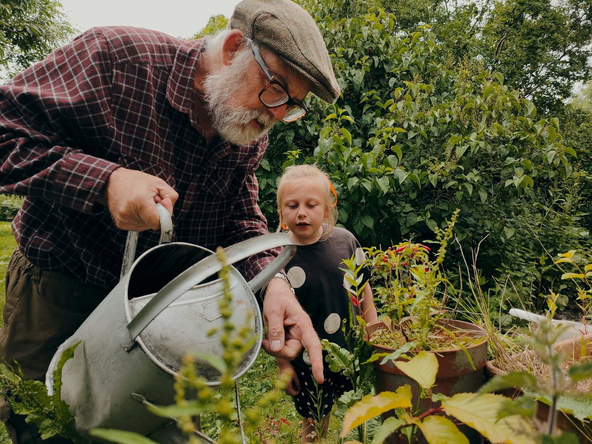 An older man and a boy tend plants together in a garden. Representative image.