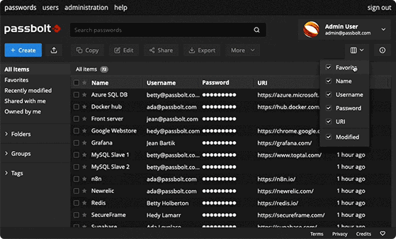 Passbolt's improved grid in action - password workspace
