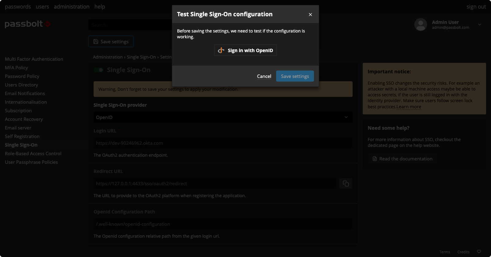 Fig. SSO settings validation step 
