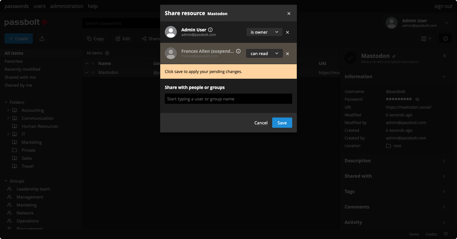 Fig. Share dialog with a suspended user