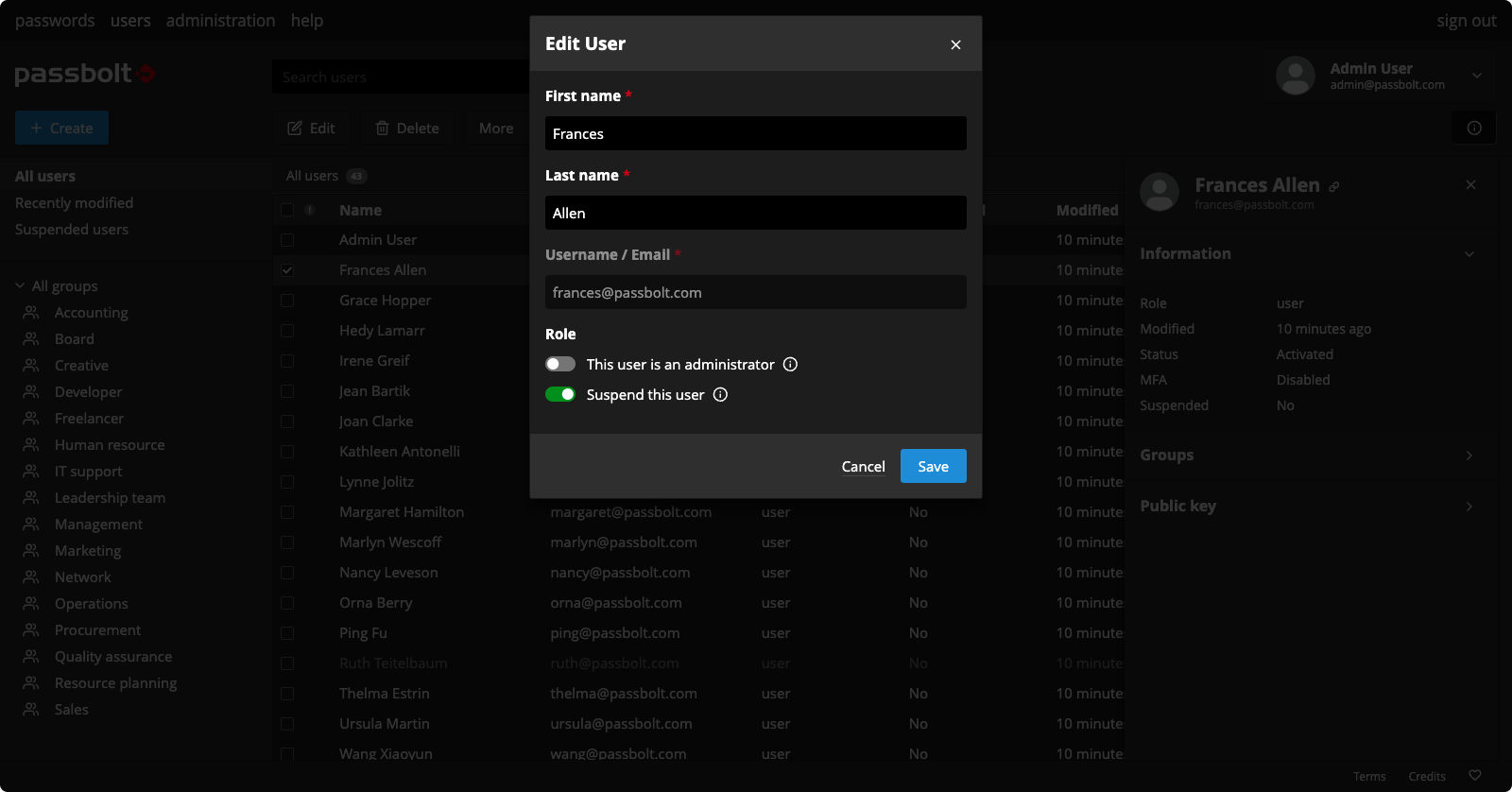 Fig. User edit dialog with “suspend the user” option