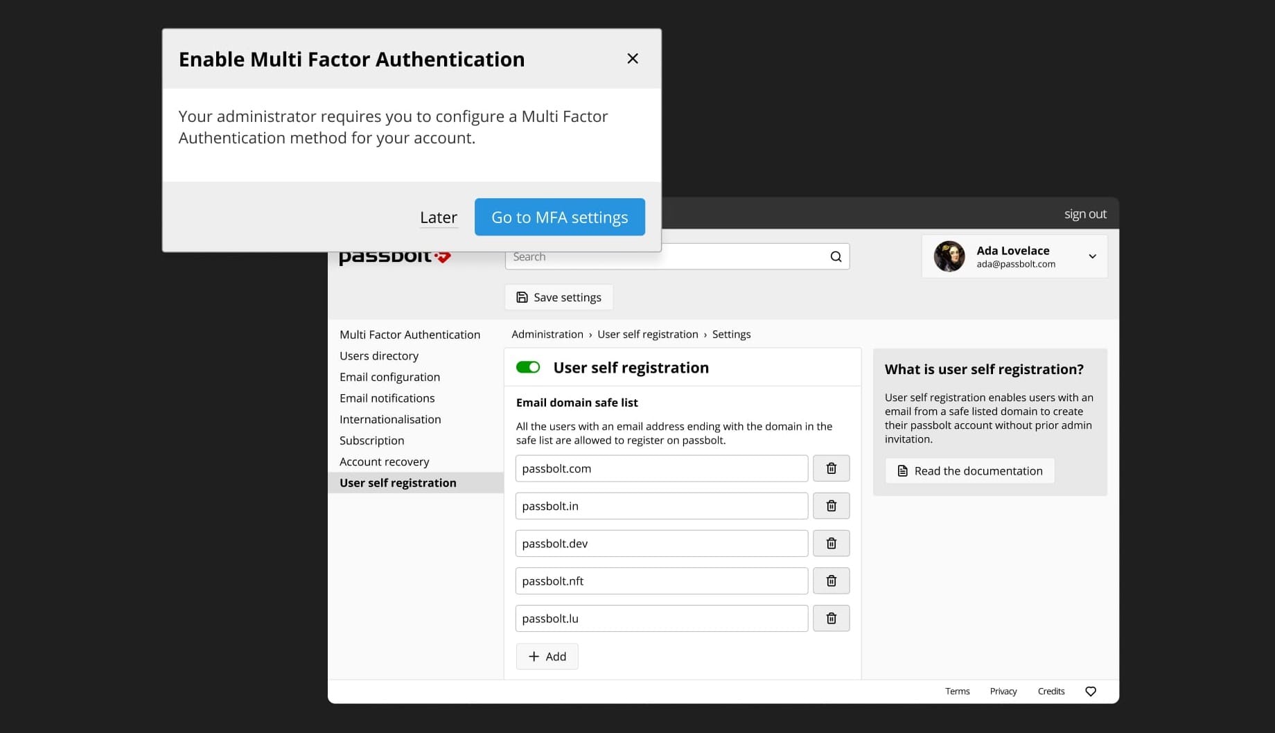 Fig. MFA enforce policy User's modal and Self-Registration Admin's view