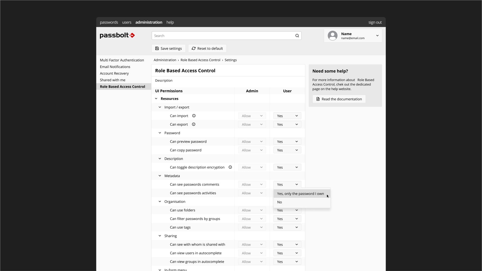Fig. Admin's setting view of the Role-Based Access Control feature