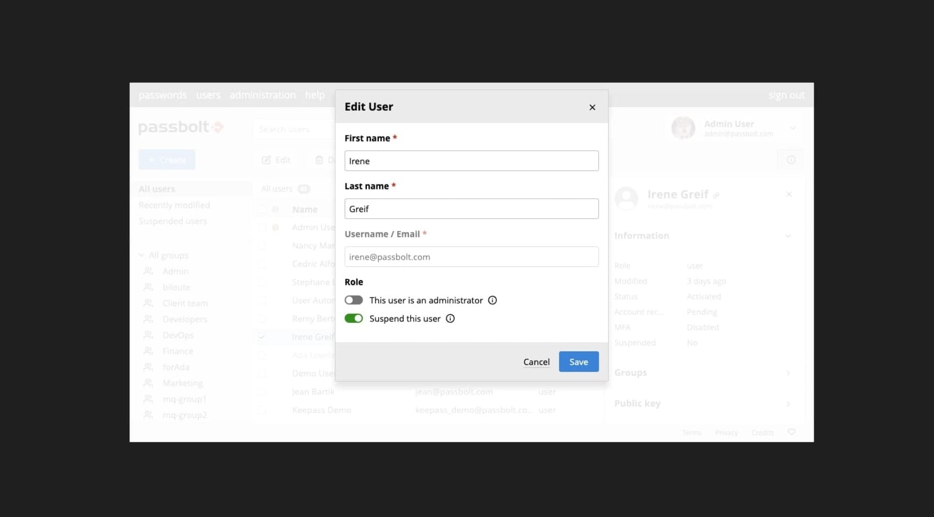 Fig. Admin's modal of a user edition with the new suspended option