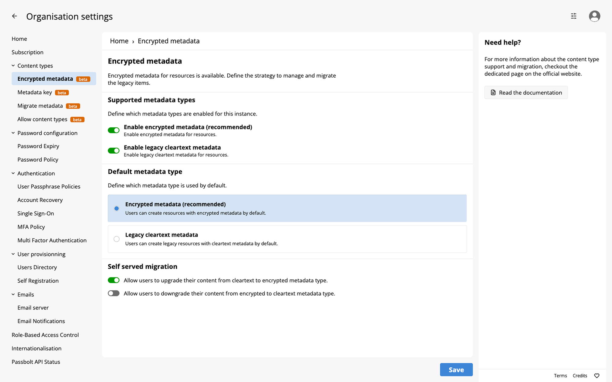 Fig 1: Organisation Setting - Encrypted Metadata