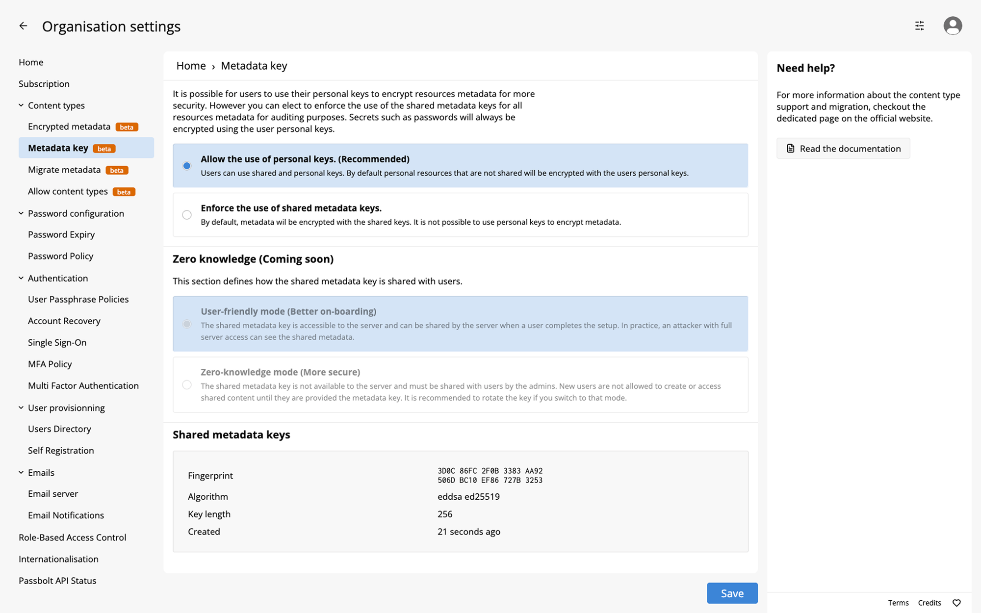 Fig 2: Organisation Setting - Metadata Key