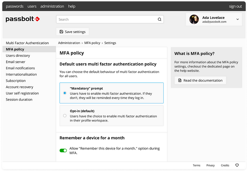 MFA Policy Admin workspace passbolt