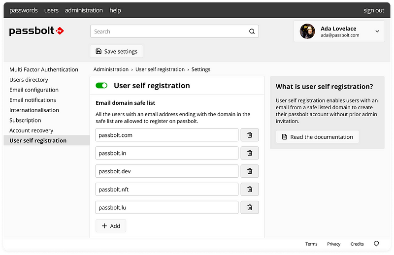 Admin workspace for User Self-Registration with Passbolt