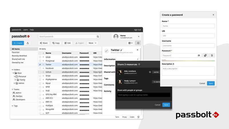 Screenshots of passbolt user interface