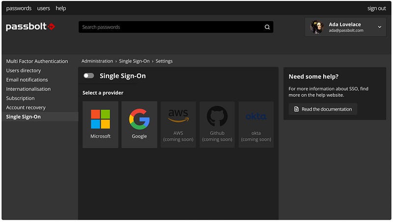 SSO Settings menu including “coming soon” providers