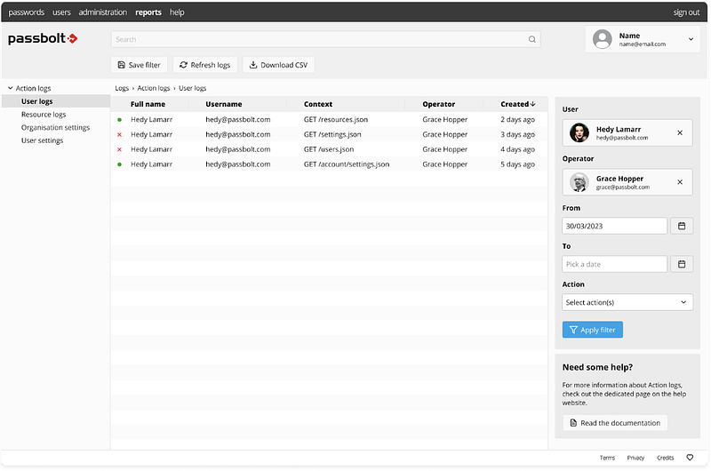 Passbolt reports workspace — Audit Logs — Filtered User Log