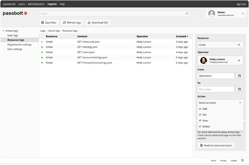 Passbolt reports workspace — Audit Logs — Filtered Resource Log