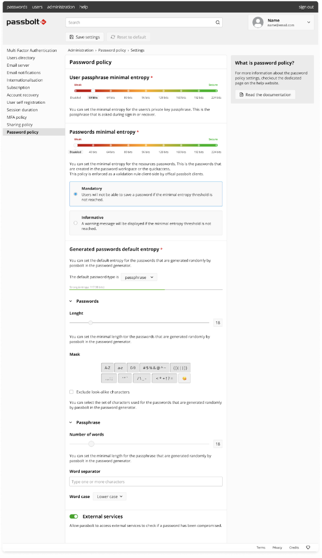 Screenshot of admin panel in passbolt for setting password policies