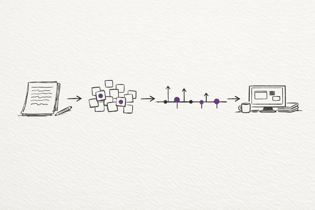 Sketch diagram showing raw notes becoming memory cards, then timeline updates, then an agent workspace.