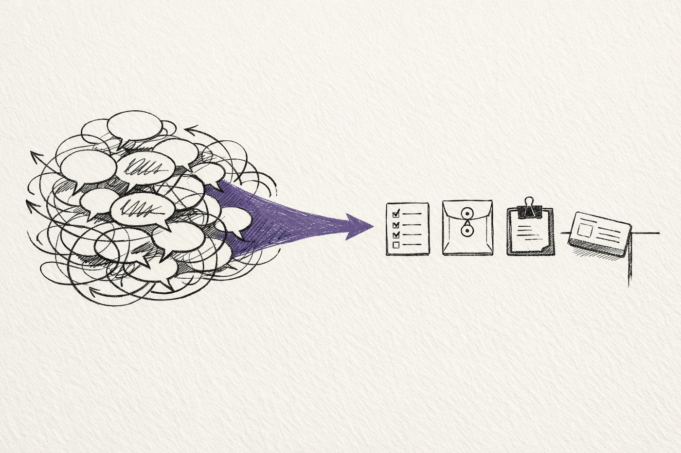 Sketch diagram showing agent-to-agent exchange narrowing into a plan card, handoff packet, review note, and capability card instead of a sprawling raw transcript.