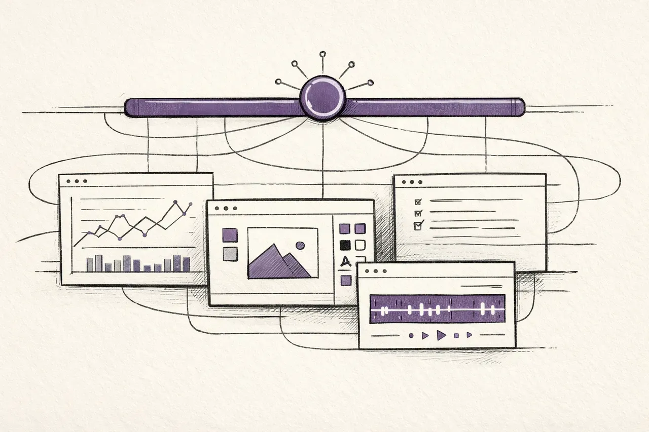 Hand-drawn editorial illustration of a central AI control layer routing work across several software windows.