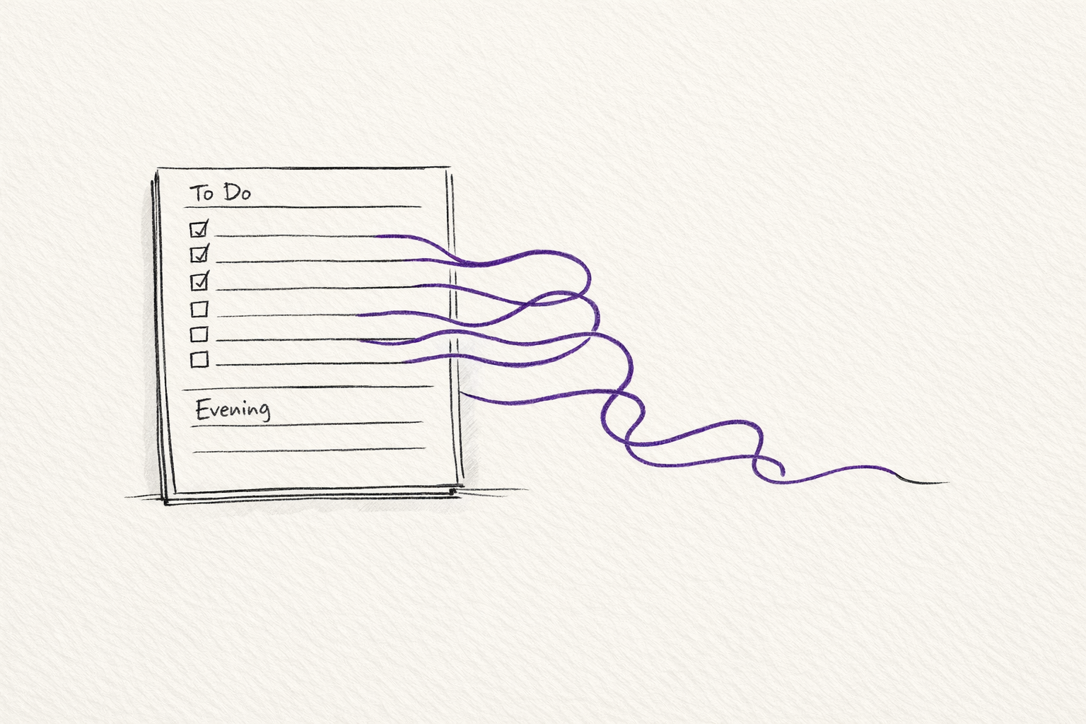 Sketch illustration of a to-do page with purple task lines spilling past the edge, representing work crossing former boundaries