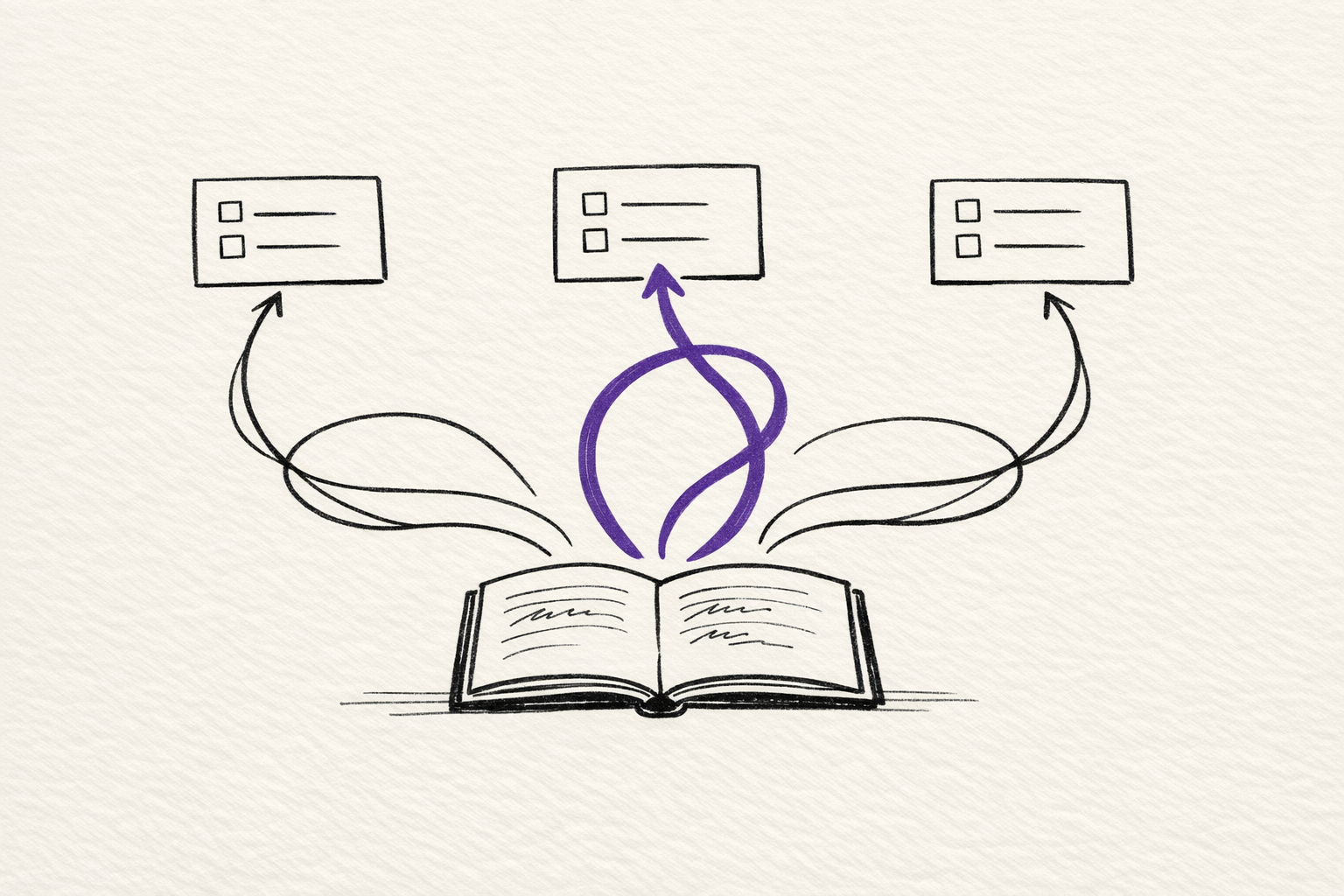 Sketch illustration of one notebook feeding three parallel task cards through looping arrows, representing multiple simultaneous AI-assisted work threads