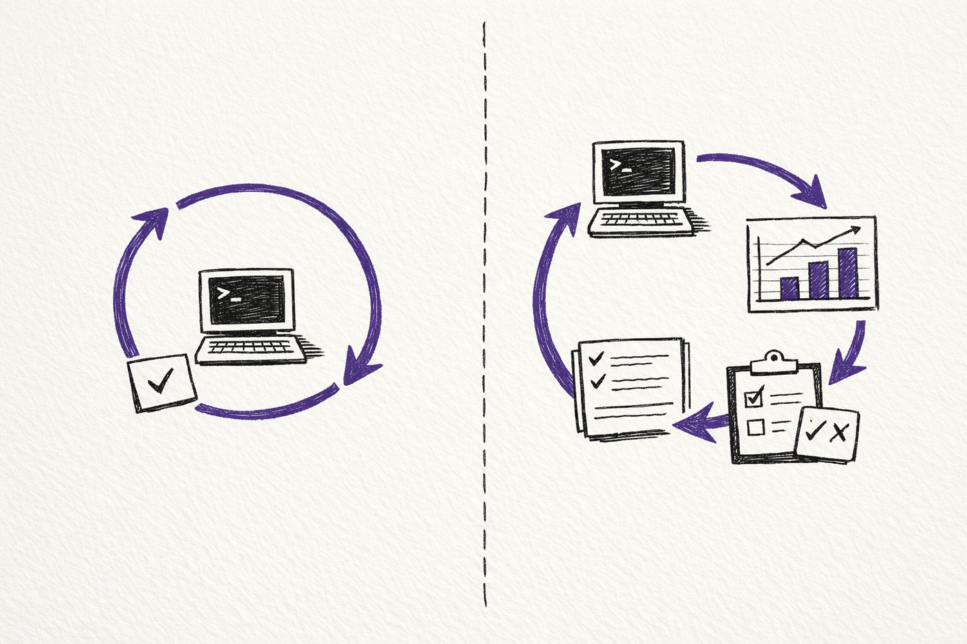 Sketch diagram comparing a simple repeat loop with an evaluation loop that measures, logs, and keeps or reverts each iteration.