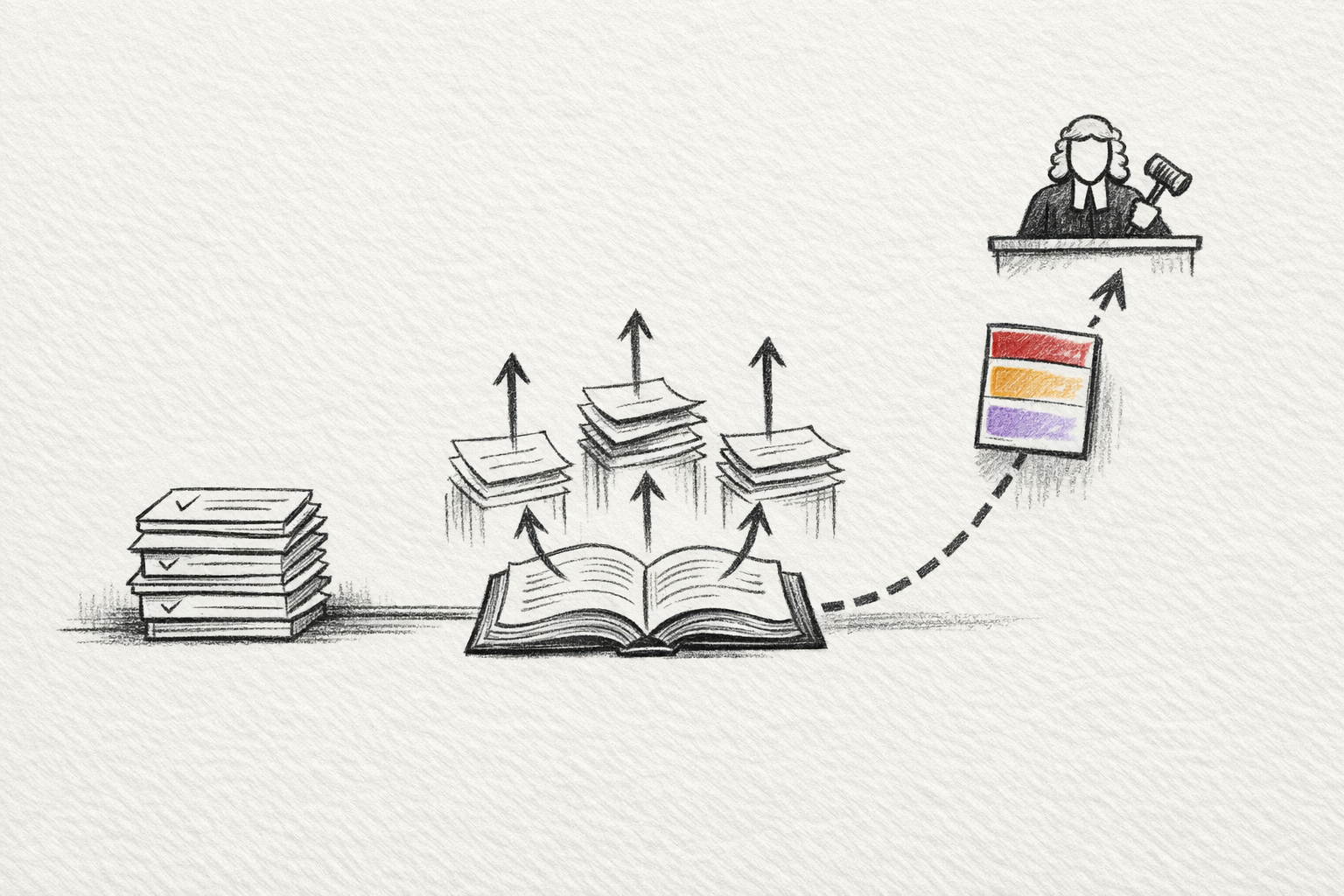 Hand-drawn editorial diagram showing a growing archive of resolved cases and one highlighted conflict escalating toward a human judgment point.