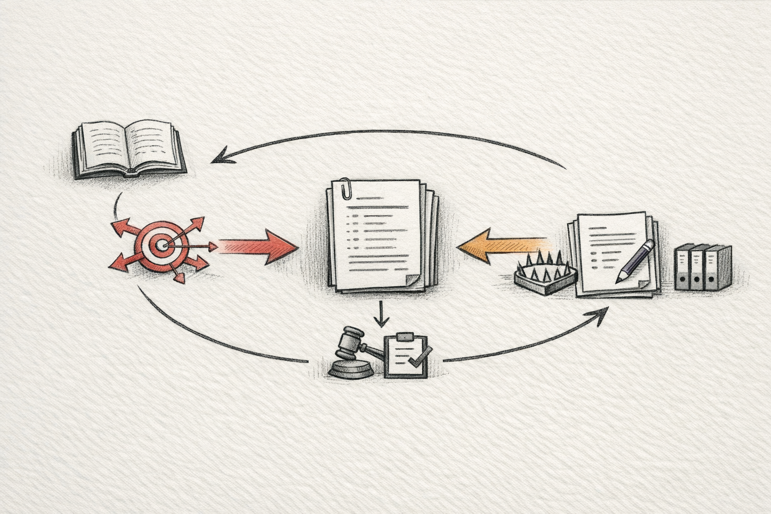 Hand-drawn editorial systems diagram showing principles feeding a legal code, adversarial probes attacking it, and a validation loop returning revised code into precedent.