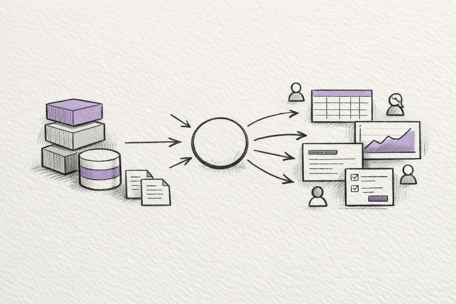 Hand-drawn systems diagram showing core product systems feeding an agent routing layer, which then composes different interface surfaces for different users.