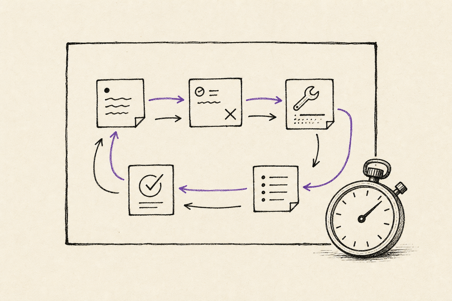 Hand-drawn diagram of several small AI work loops contained inside one framed attention window beside a stopwatch.