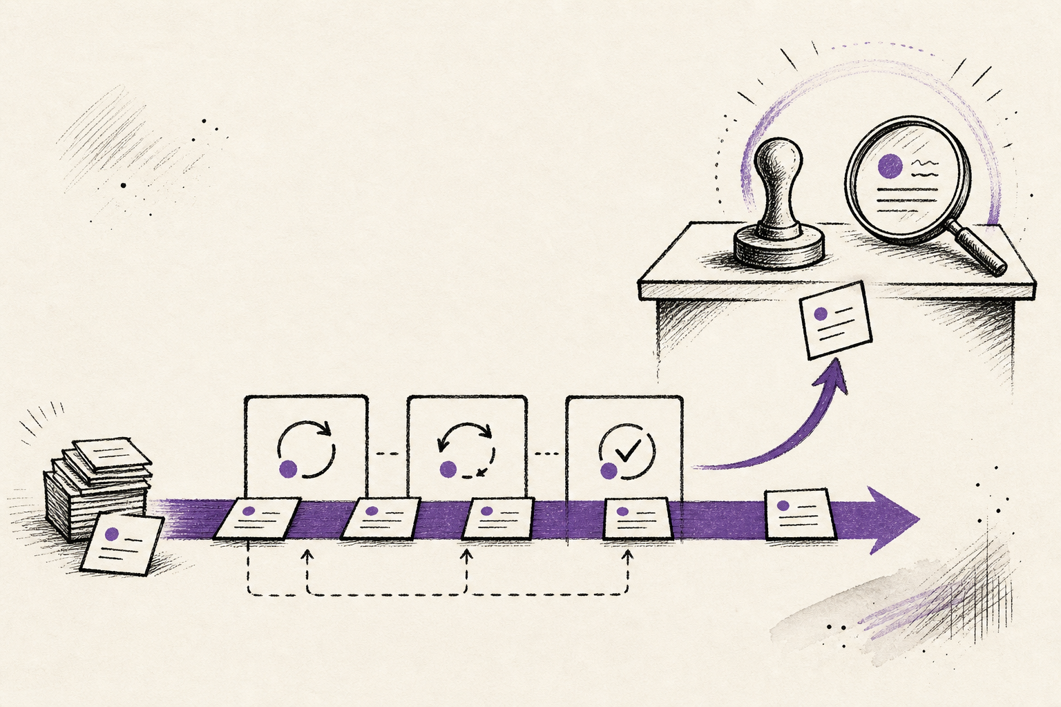 Hand-drawn routing diagram showing small task cards moving through a fast lane before one card is escalated to a review desk with a stamp and magnifying glass.