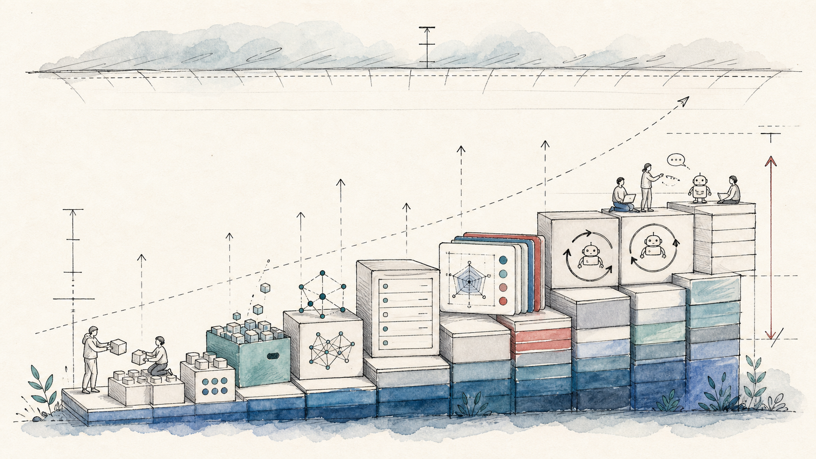 Hand-drawn diagram of an open AI floor made from model weights, repositories, benchmarks, and agent loops rising toward a distant ceiling line.