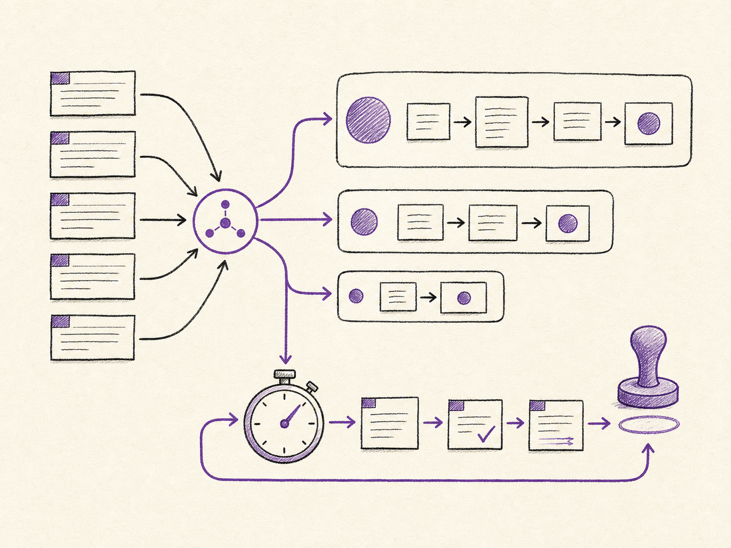 Hand-drawn routing diagram showing incoming task cards splitting into model lanes and a fast feedback loop before human approval.