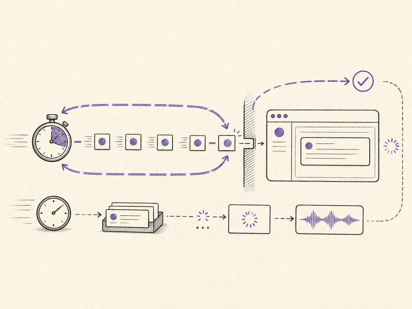 Hand-drawn systems illustration showing a fast model loop reaching a browser interface before slower queue and voice pipeline stages catch up.